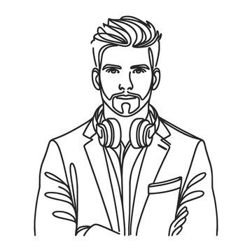 Minimalist linear portrait of a man with a beard and headphones