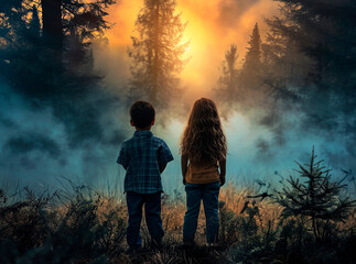 A little girl and a boy are alone in a terrible forest in the evening, standing and looking into the distance. The children got lost - obrazy, fototapety, plakaty