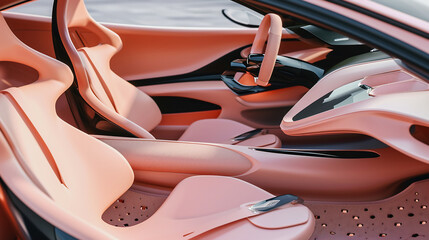 Luxury electric car pink interior. Steering wheel, shift lever and dashboard