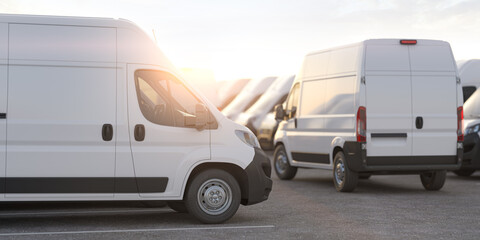 Express delivery, shipping service concept. Delivery vans in a row in the rays of sunset or dawn. - 714206341