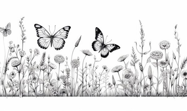 A black and white photo of flowers and butterflies