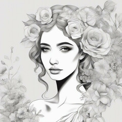 Illustration of a woman with flowers in the hair, generative AI