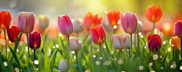 An amazing spring floral background with various tulip flowers - obrazy, fototapety, plakaty