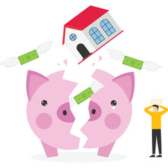 House broke savings piggybank, payment and cost, expensive payment, high interest rate mortgage, Vector illustration design concept in flat style


