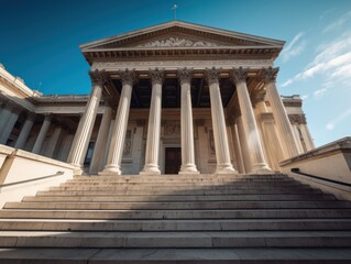 Monumental classical building with towering columns and a grand staircase