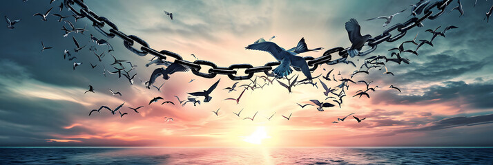 On The Wings Of Freedom - Birds Flying And Broken Chains - Charge Concept - obrazy, fototapety, plakaty