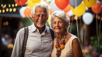 Fototapeta na wymiar Smiling Senior Couple at a Festive Outdoor Party. Senior couple sharing a genuine smile, surrounded by colorful balloons at a joyful outdoor party setting.