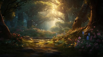 An enchanting forest clearing filled with magical light, offering a peaceful area for text placement amidst the mystical ambiance of the woods - Generative AI - obrazy, fototapety, plakaty