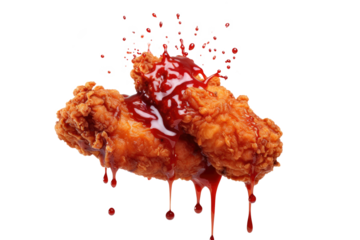 Fried Chicken piece coat with flour or batter that dipping with tomato or ketchup sauce isolated on transparent png background, yummy fast food, fried with perfect flavor ingredients.