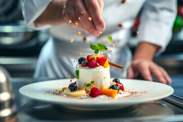 The chef decorates a dessert with souffle and berries from the local market, creating a molecular gastronomy dish, an idea for advertising a cafe or restaurant.