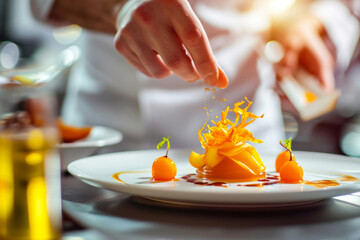 Close-up of a chef decorating a tangerine-chocolate dessert, new avant-garde trends in vegetarian molecular cooking