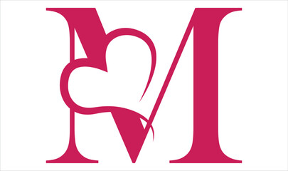Vector Vintage floral monogram letter M. Calligraphy element heart logo Valentine card flourish frame. Hand drawn Love sign for page decoration and design illustration.