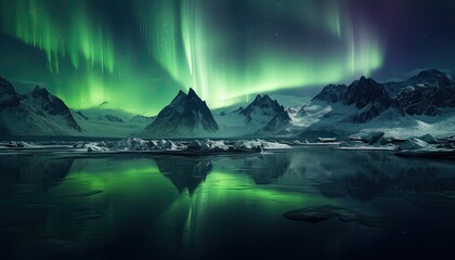 Fototapeta premium View of night sky with multicolored aurora borealis and snowy mountains peak background. Night glows in vibrant aurora reflection on the lake with forest. 