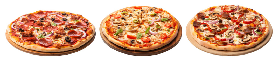 Trio of Assorted Topping Pizzas on Wooden Boards