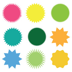 Set of 9 starburst, sunburst badges, labels, stickers. Different shades of different color. eps file 5.