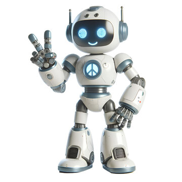 Friendly robot design giving peace sign on white background
