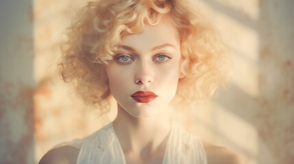 Photorealistic Adult White Woman with Blond Curly Hair retro Illustration. Portrait of a person in vintage 1920s aesthetics. Historic movie style Ai Generated Horizontal Illustration.
