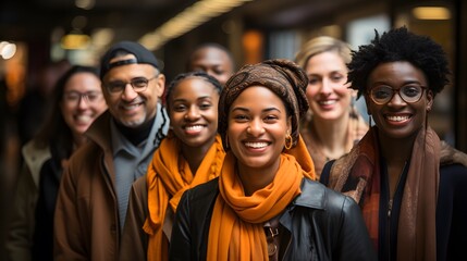 A group of multicultural people smiling outside together - obrazy, fototapety, plakaty