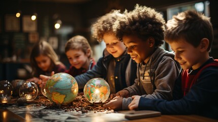 Five children are looking at a globe at a table - obrazy, fototapety, plakaty