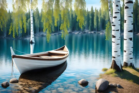 The beautiful landscape of a white simple wooden boat tied to a birch tree 