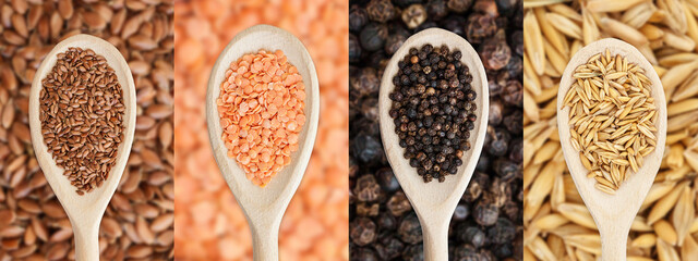 Red lentils, linseed, black pepper and yellow oat seeds. Wooden spoons with seeds. Set of four kitchen backgrounds. Wooden spoons with colorful raw food. Grains legume background. - obrazy, fototapety, plakaty