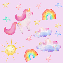 seamless pattern with unicorn stars rainbow sun