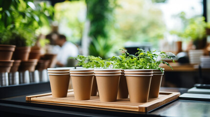 A tray of paper cups on a wooden table with plants