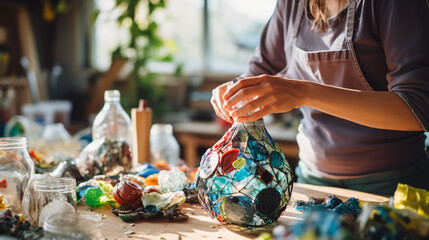 A woman works towards completing a vase out of recyclables