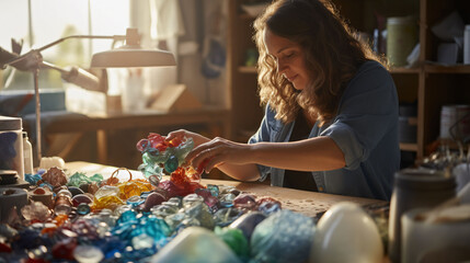 A young woman working on many colorful plastic balls