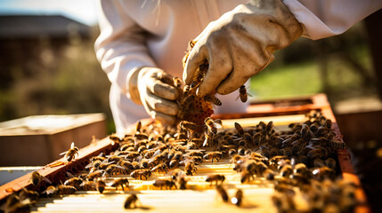 Beekeeper cleaning bees in a wooden frame for honey production - Powered by Adobe