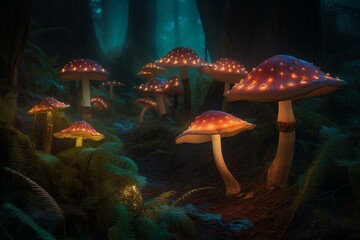Enchanting luminous fungi amidst mystical woods. Whimsical fairyland. Generative AI