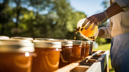 Beekeeper pouring honey in the jars