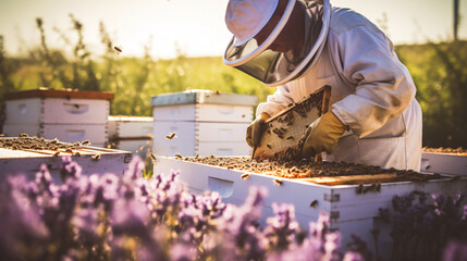 Beekeeper picking honey from the hive with lavender flowers outside