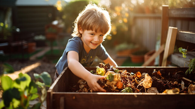 A little boy reaching in the mulched area and picking out vegetables