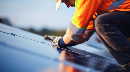 Man working in orange vest on roof of solar panel