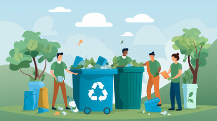 illustration of men and women working together to clean up the environment