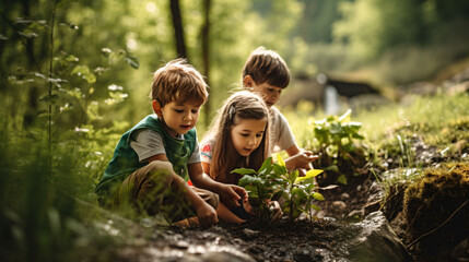 Three kids planting tree with roots and grass in forest