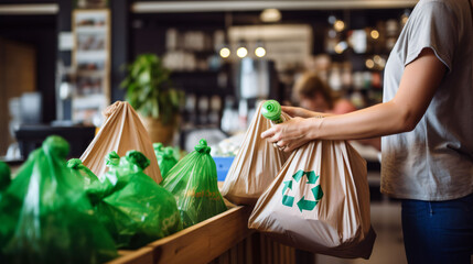 Woman collecting recycling bags in a natural store