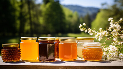 Various kinds of honey in jars with flowers in the background