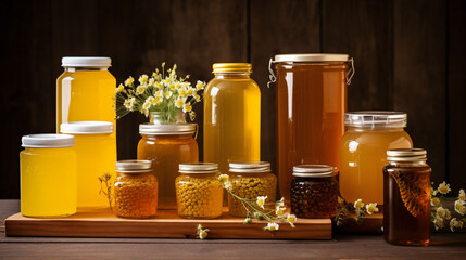 Various samples of honey on a wooden table