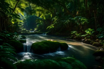 A thin stream of water in the jungle, winding through a mystical grove of ancient trees and ferns