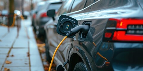 Fototapeta na wymiar Close-up of an electric car charging. Ecology transportation concept