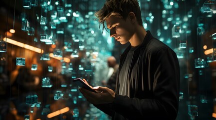 Young man holding phone in front of modern wall of computer screens with networked data and icons