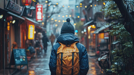 Obraz premium Rear view of lonely tourist in the rain walks on the deserted street with his backpack on his back on blurred background of a city. Travel and adventure concept. Ai generated