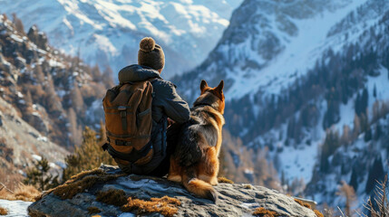 Young adult  with a backpack on his back sitting with his German shepherd in front of the snowy...