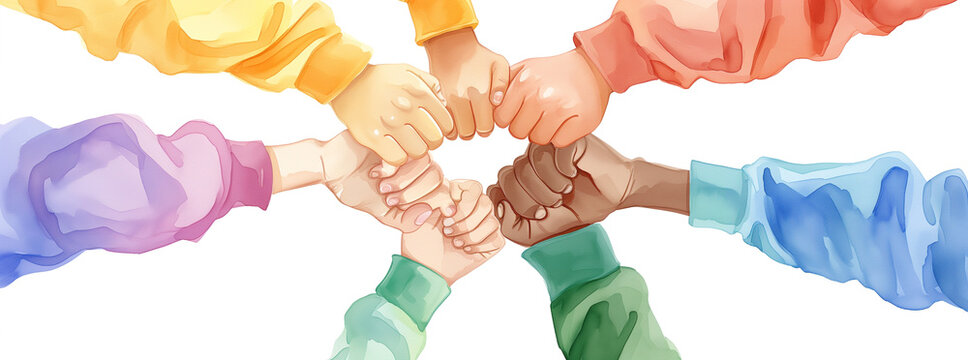 Group of kids of various skin colors, stretching out their hands, putting their fists together to show their determination, resolution and commitment to their community, team, goal, coalition symbol