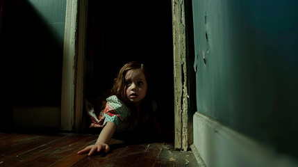 A little girl is hiding alone in the corner of the room, she is scared.