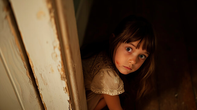 A little girl is hiding alone in the corner of the room, she is scared..