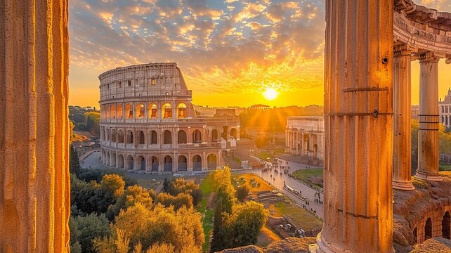 Landscape Scene of Colosseum at the sunset time, view from inside decorate home apartment, window and balcony view, holiday and tourist concept ,generative ai