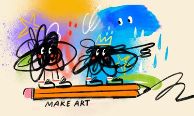Quirky, doodle, abstract Creatures. Cute funny characters with eyes, hands, legs standing on pencil. Make art text. Colorful background. Cartoon contemporary style. Hand drawn modern illustration